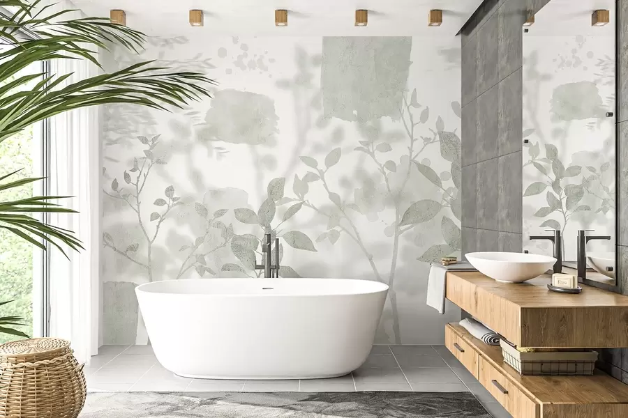 Papier peint Silhouettes d'arbres, branches, nature, aquarelle, couleurs vertes w03911v1