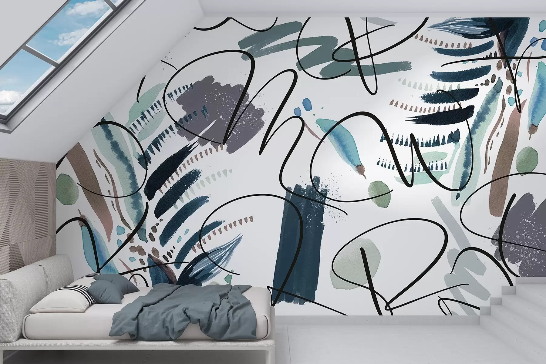 Papier peint Lettres à l'encre, calligraphie, coups de pinceau, couleurs bleues, abstraction w03912v2