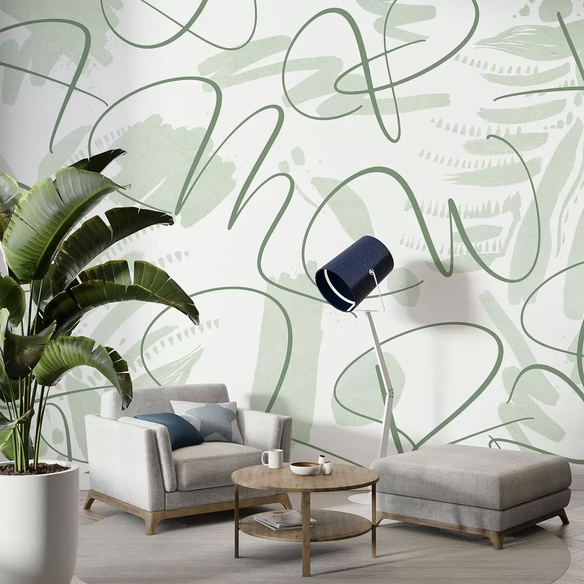 Papier peint Abstraction calligraphique avec lettres, coups de pinceau, couleur verte w03913v3