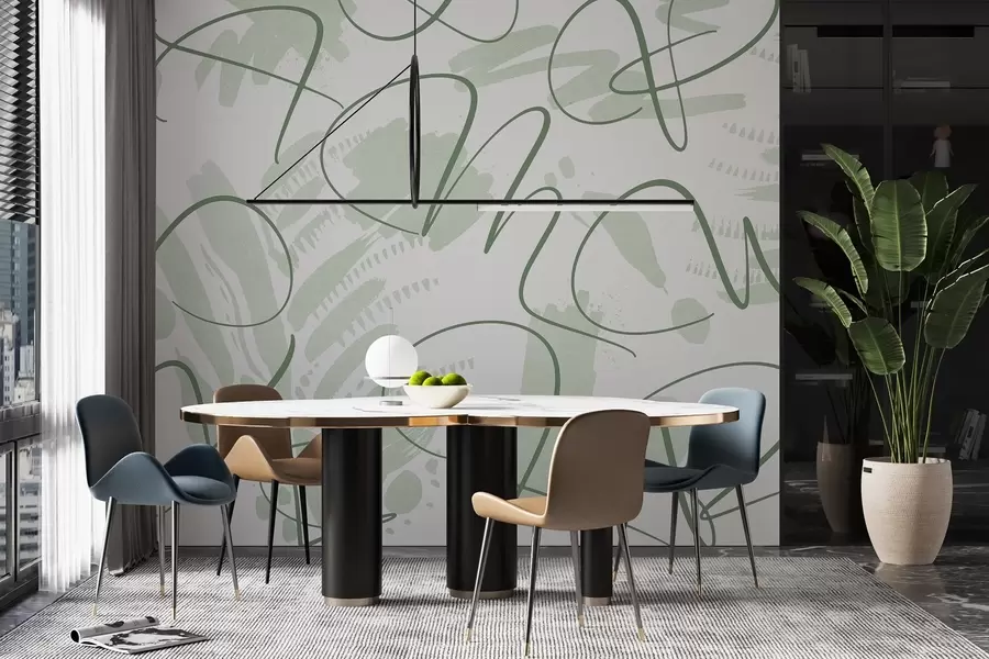 Papier peint Abstraction calligraphique avec lettres, coups de pinceau, couleur verte w03913v3