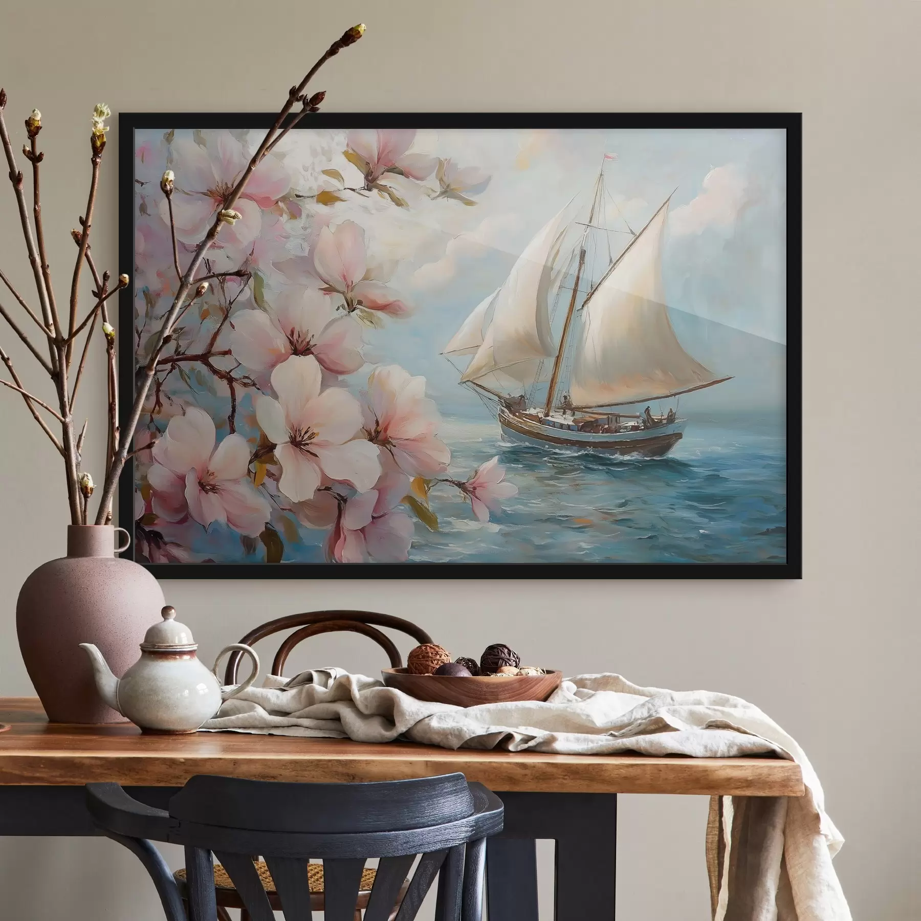 Papier peint Bateau sur la mer et grandes fleurs f44330