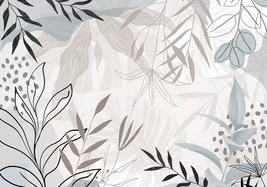 Papier peint Motif floral abstrait moderne avec des feuilles pastel beiges, grises, bleues et noires, un dessin au trait délicat et un arrière-plan doux  w09105