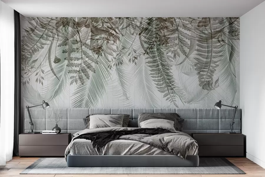 Papier peint Délicate chute de fougères tropicales et de feuilles de palmier, arrière-plan géométrique, lumière douce, couleurs sourdes, élégant w09106v1