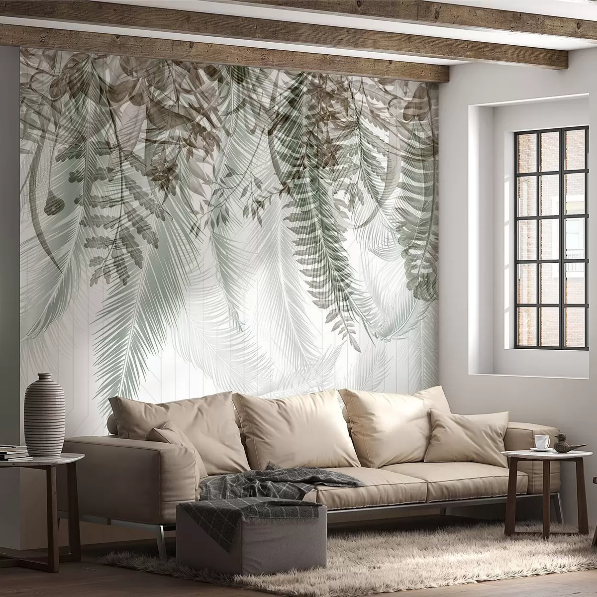 Papier peint Délicate chute de fougères tropicales et de feuilles de palmier, arrière-plan géométrique, lumière douce, couleurs sourdes, élégant w09106v1