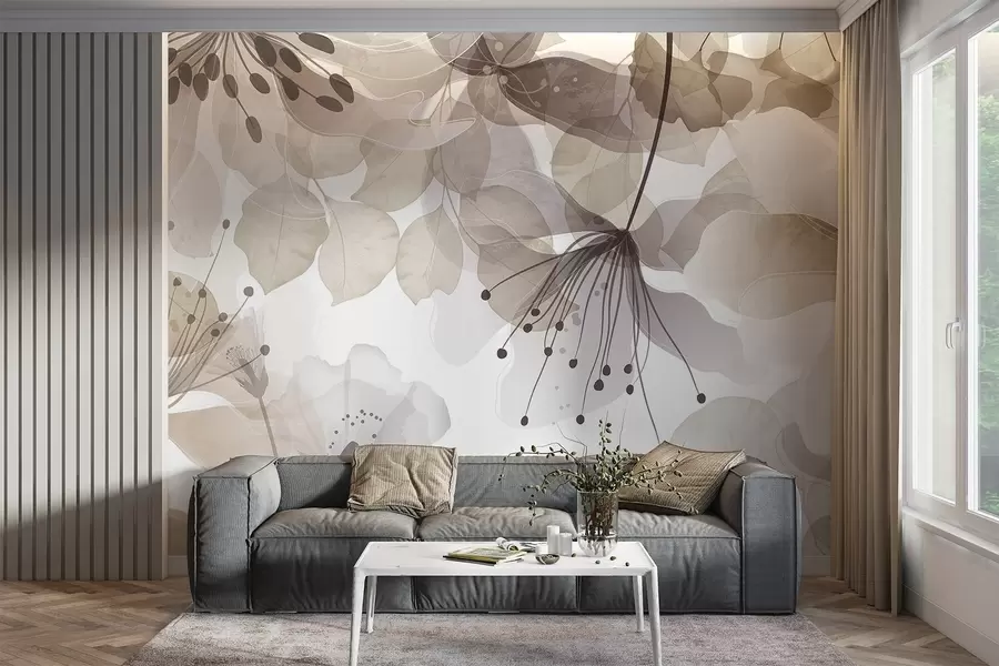 Papier peint Fleurs et feuilles de couleur beige, pétales et feuilles translucides, effet aquarelle doux, lignes délicates, fond blanc w09107v1