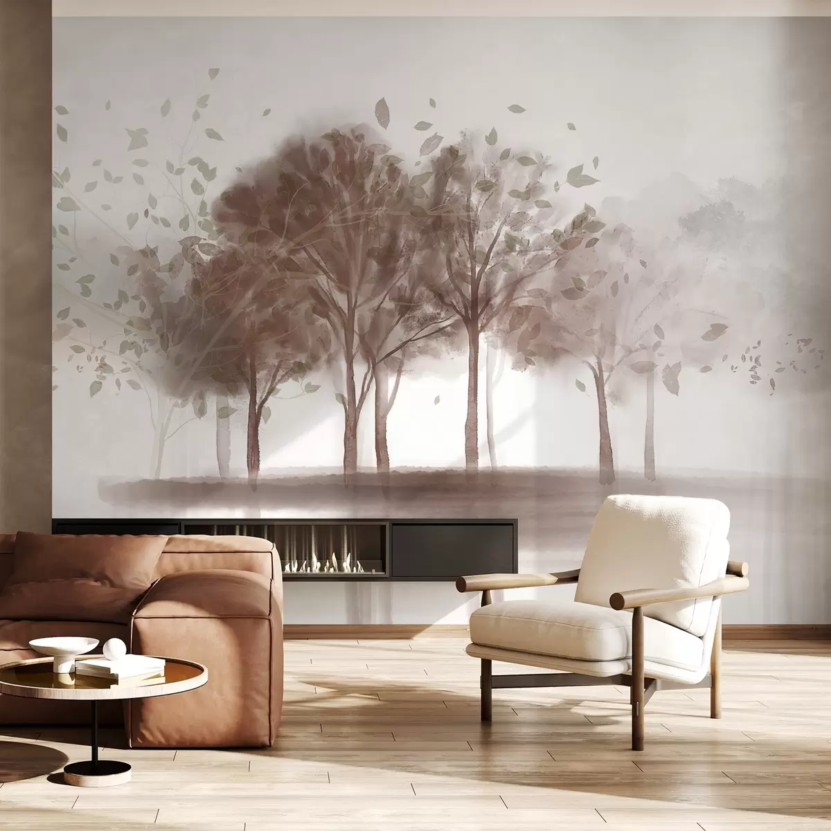 Papier peint Paysage abstrait avec des arbres aux feuilles brunes se reflétant dans l'eau, en style aquarelle texturée w09109v1 buy France - Uwalls.fr Papier peint Paysage abstrait avec des arbres aux feuilles brunes se reflétant dans l'eau, en style aquarelle texturée w09109v1