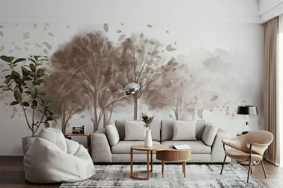 Papier peint Paysage abstrait avec des arbres aux feuilles brunes se reflétant dans l'eau, en style aquarelle texturée w09109v1 buy France - Uwalls.fr Papier peint Paysage abstrait avec des arbres aux feuilles brunes se reflétant dans l'eau, en style aquarelle texturée w09109v1