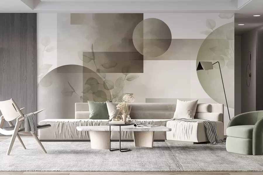 Papier peint Dessin géométrique abstrait moderne minimaliste avec des cercles et des rectangles, feuilles d'eucalyptus, effet aquarelle w09110v1