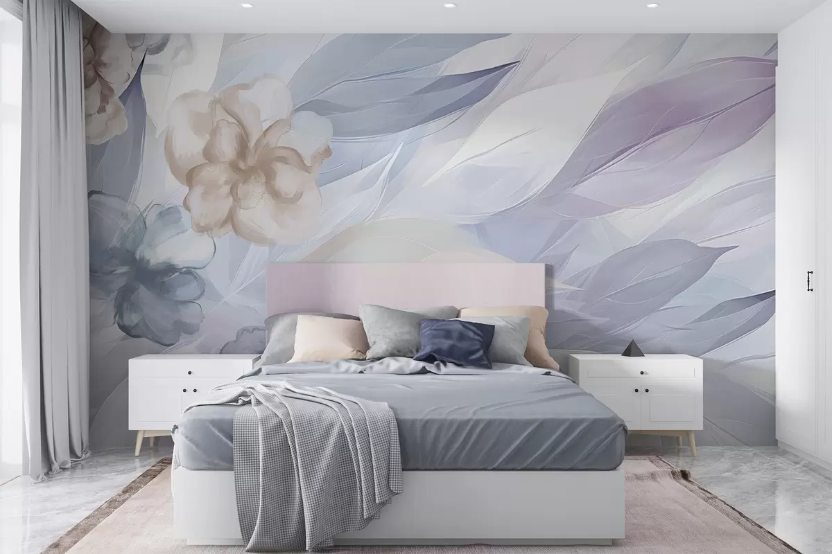 Papier peint Fleurs et feuilles délicates dans les tons de blanc, bleu, violet et beige fond floral, couleurs douces, pétales délicats w09111