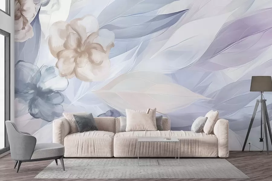 Papier peint Fleurs et feuilles délicates dans les tons de blanc, bleu, violet et beige fond floral, couleurs douces, pétales délicats w09111