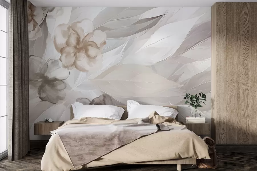 Papier peint Fleurs et feuilles délicates dans les tons blanc, marron et beige fond floral, couleurs douces, pétales délicats w09111v1