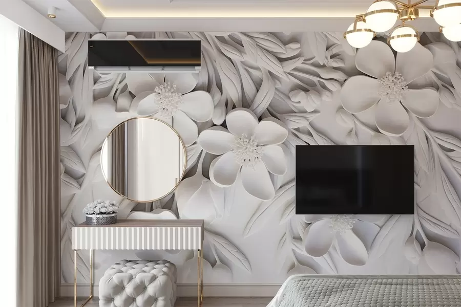 Papier peint Fleurs et feuilles blanches sur fond blanc, floral élégant, design décoratif, détails complexes w09113