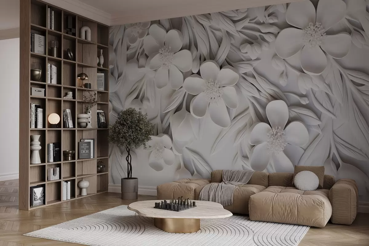 Papier peint Fleurs et feuilles blanches sur fond blanc, floral élégant, design décoratif, détails complexes w09113
