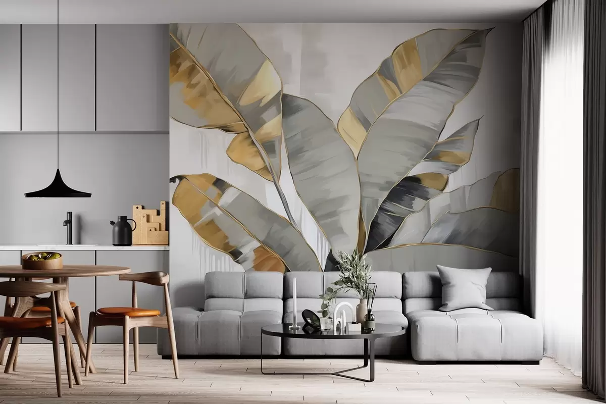 Papier peint Feuilles de bananes tropicales texturées avec des tons gris et jaunes, style moderne, fond neutre, peinture décorative w09118