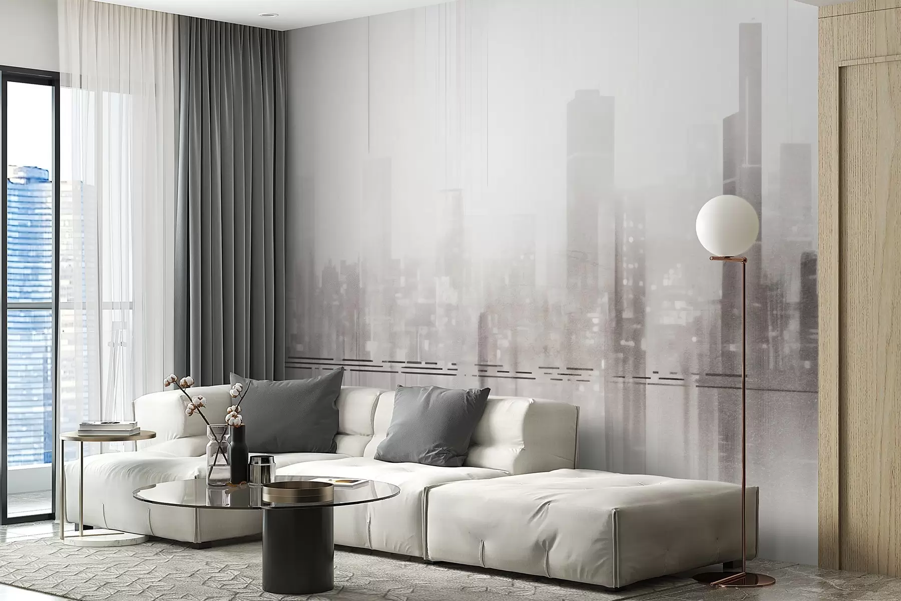 Papier peint Paysage urbain abstrait texturé avec de grands bâtiments et des bandes, dans des tons de gris et de blanc, créant un effet de brume w09119
