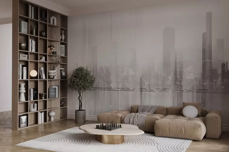 Papier peint Paysage urbain abstrait texturé avec de grands bâtiments et des bandes, dans des tons de gris et de blanc, créant un effet de brume w09119