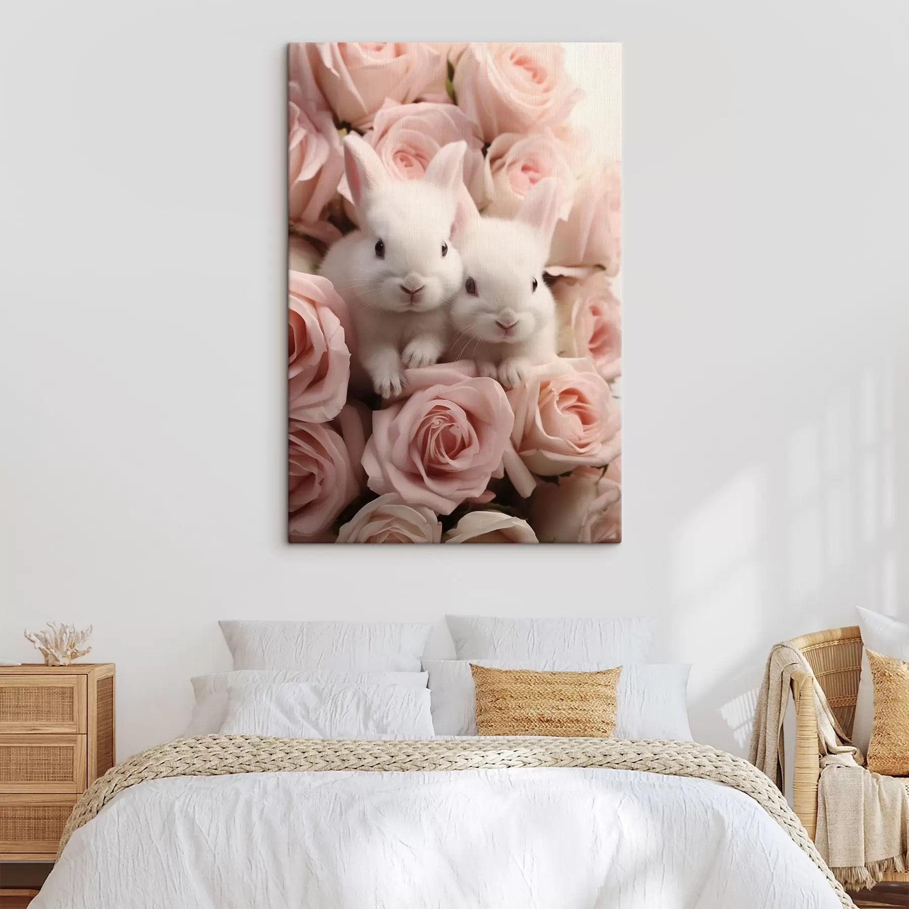 Tableau Deux lapins blancs dans des fleurs de roses délicates s44380