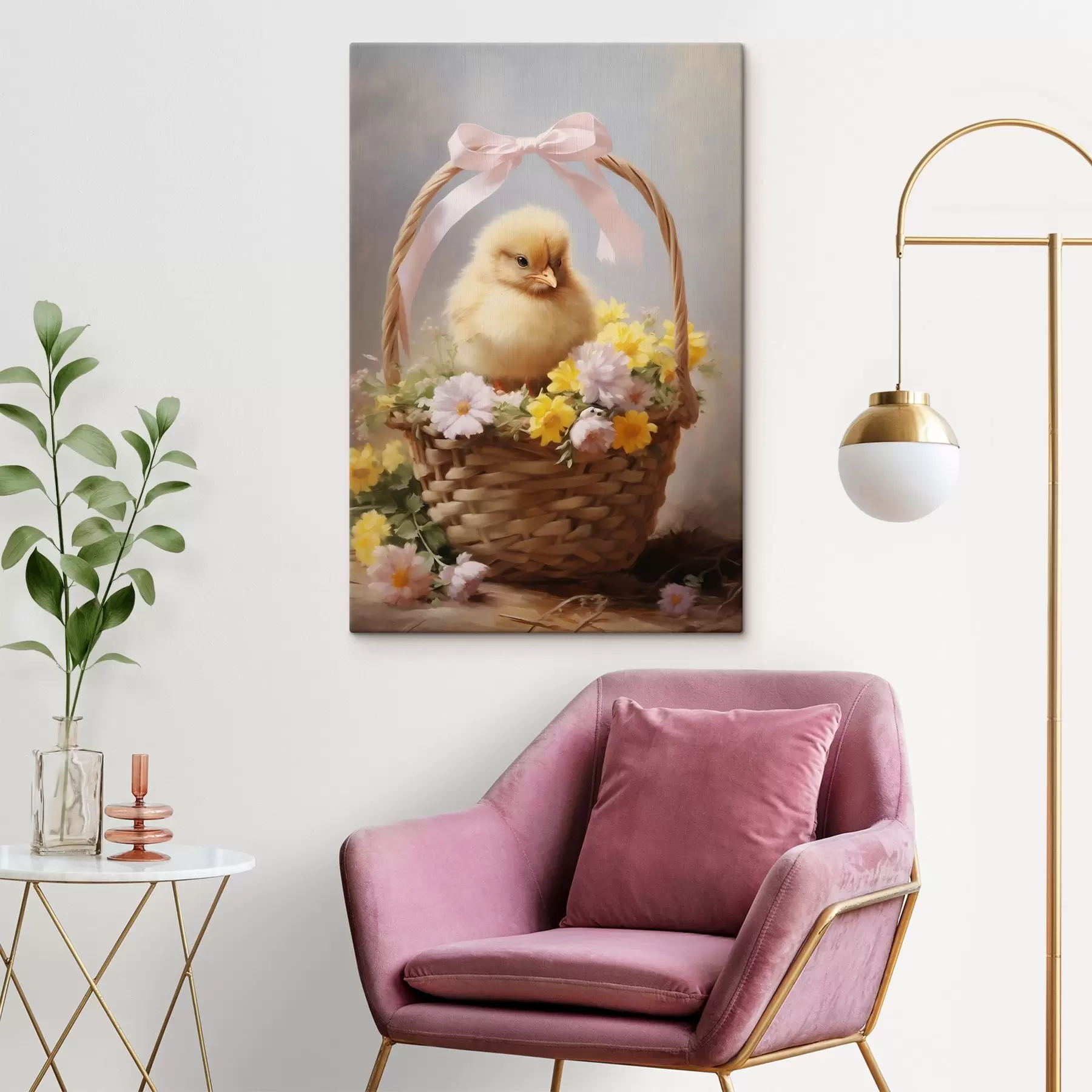 Tableau Poussin jaune dans un panier avec des fleurs sauvages s44384
