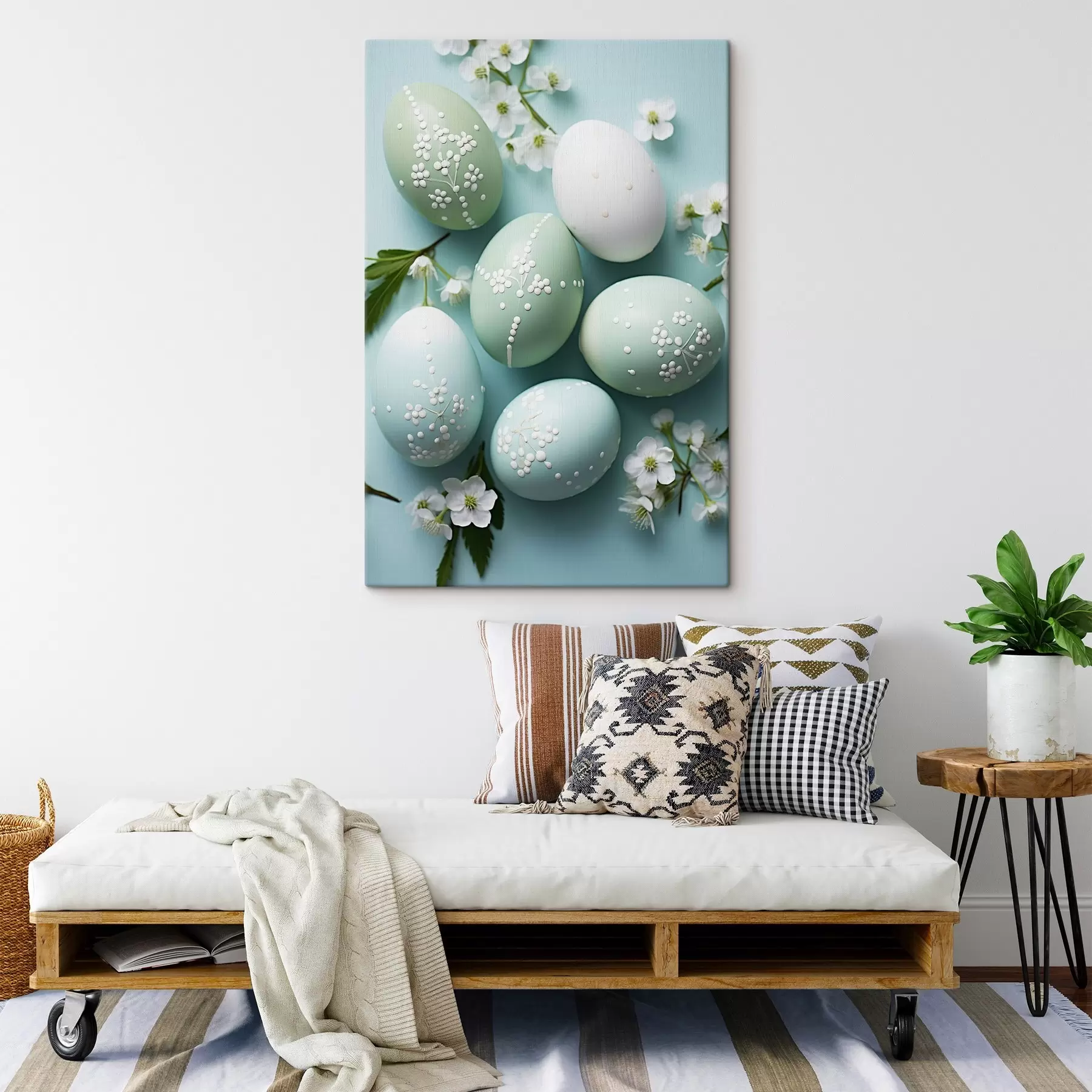 Tableau Lapin avec des fleurs sur un fond beige délicat en style aquarelle s44386