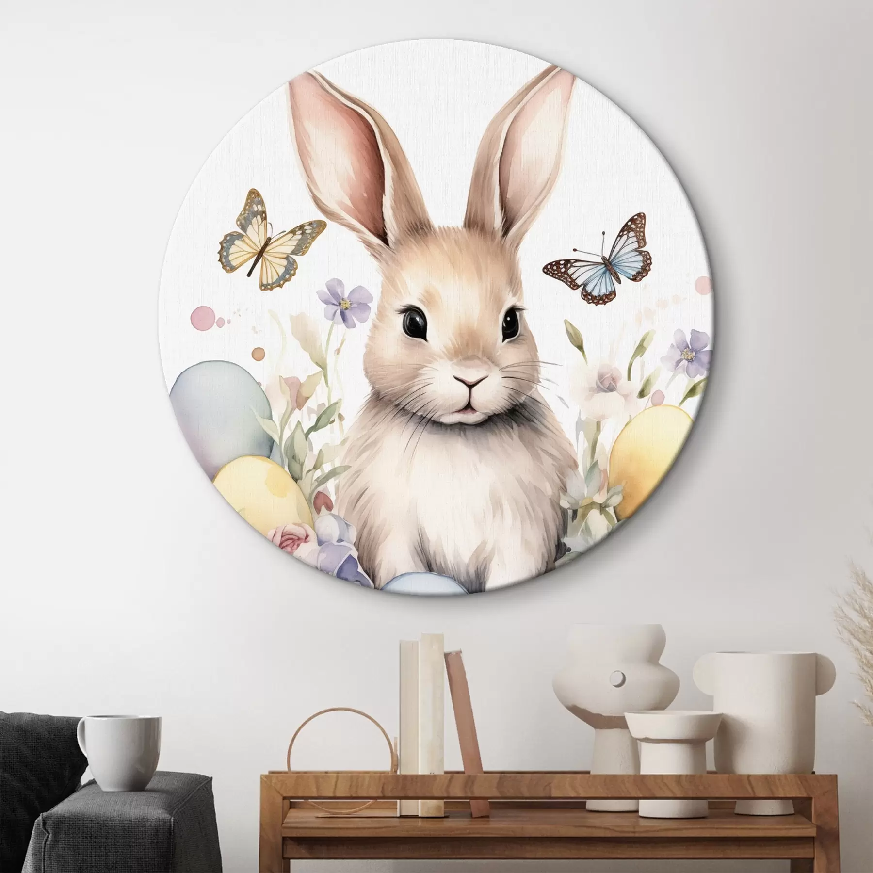 Tableau Lapin mignon en style aquarelle dans des fleurs avec des papillons r44388