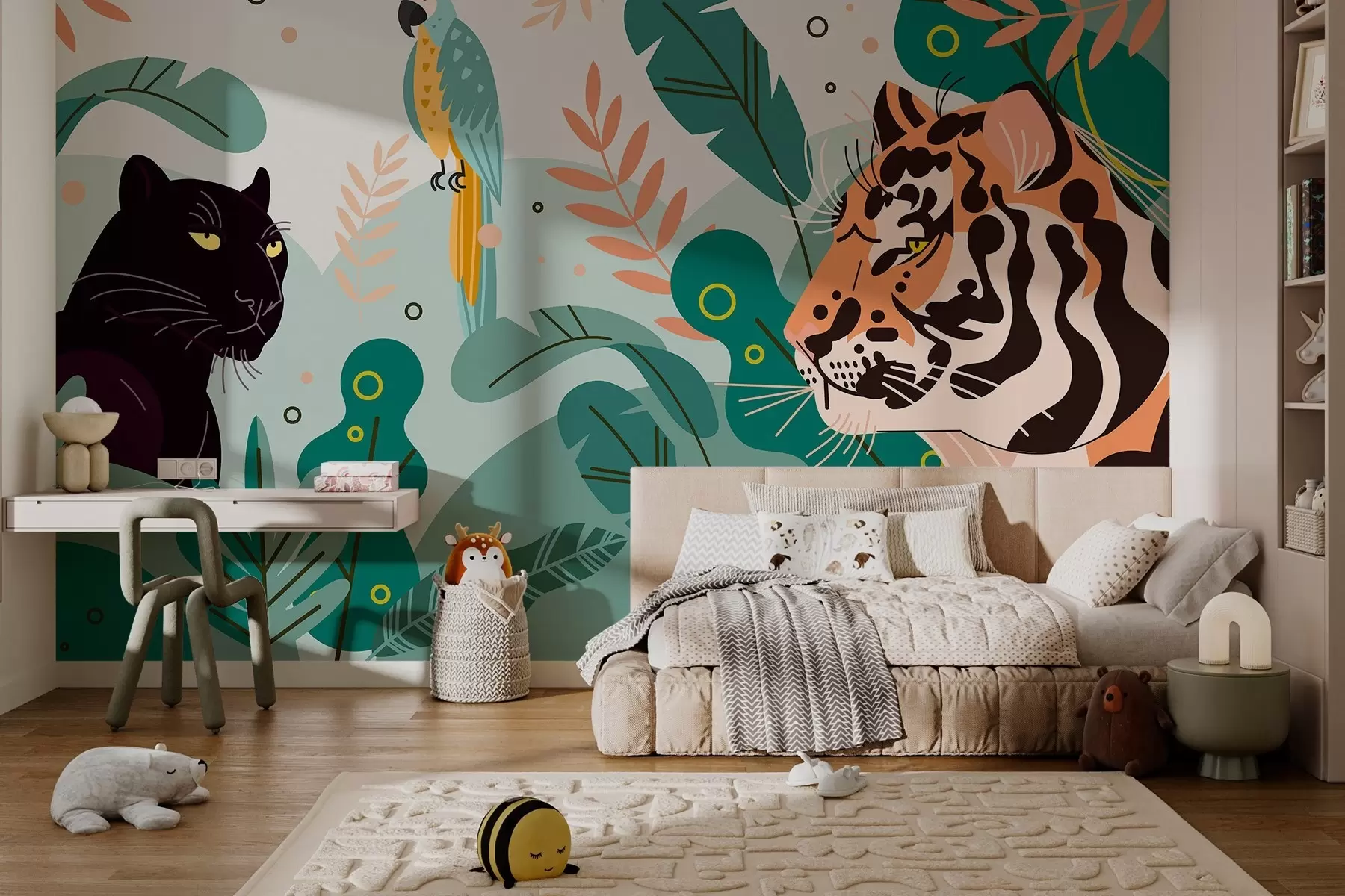Papier peint jungle avec un tigre, une panthère et un perroquet w03958