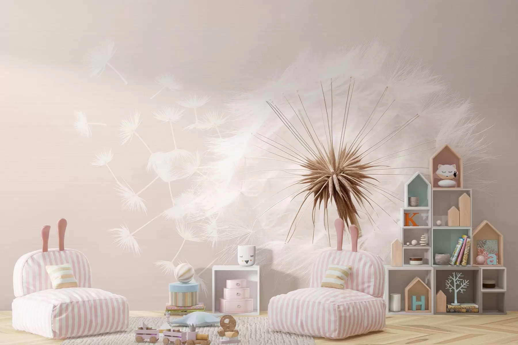 Papier peint Composition florale moderne et douce avec une tête de pissenlit en pleine floraison et des graines flottantes, sur une texture délicate de type textile w03939