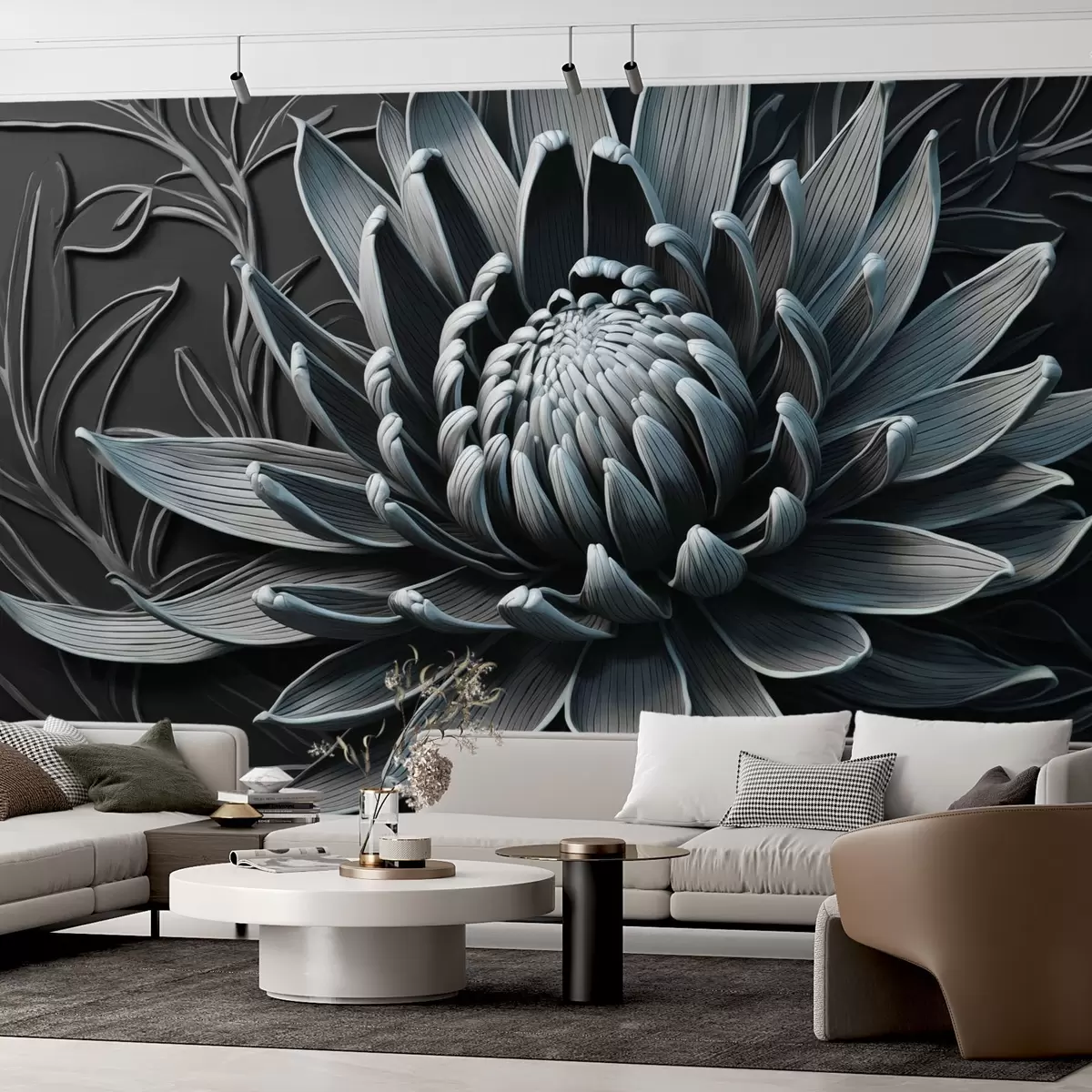 Papier peint Fleur de Protea, couleur bleu et noir w03930v2