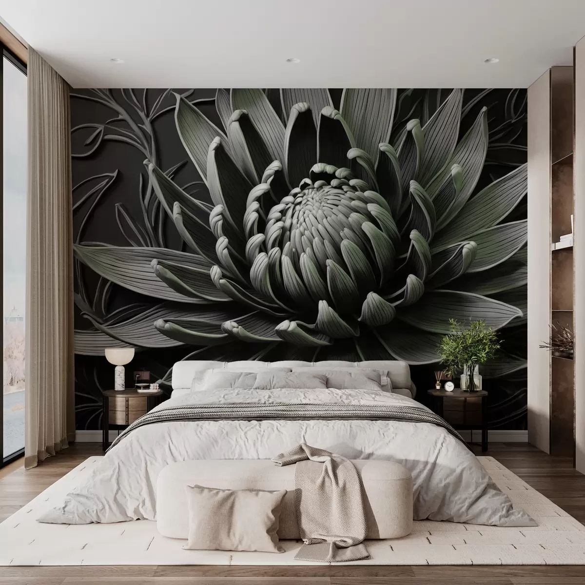 Papier peint Fleur de Protea, verte et noire w03930v3