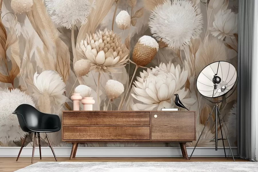 Papier peint Harmonie bohème : Fleurs texturées dans les tons beige et crème w09121