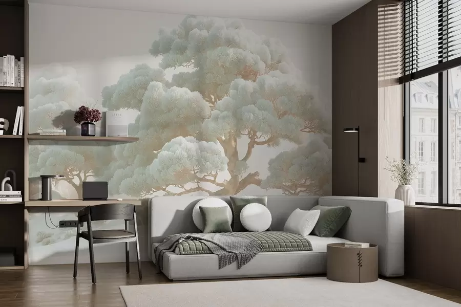 Papier peint Pin dans la brume en tons doux, debout dans une forêt w09122