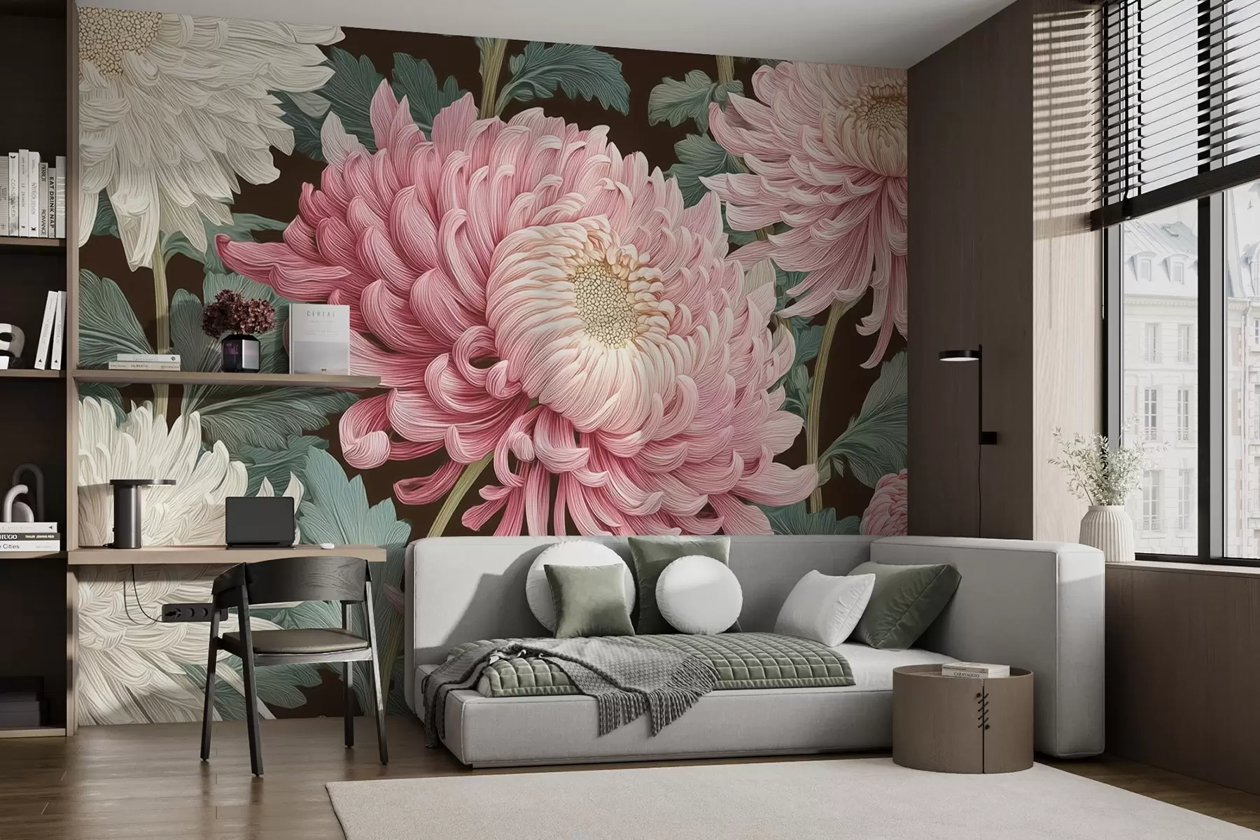 Papier peint Grandes orchidées roses et blanches avec des feuilles sur un fond sombre w09125