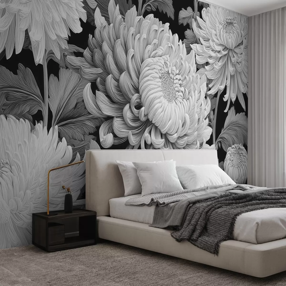 Papier peint Grandes orchidées noires et blanches avec feuilles w09125v1