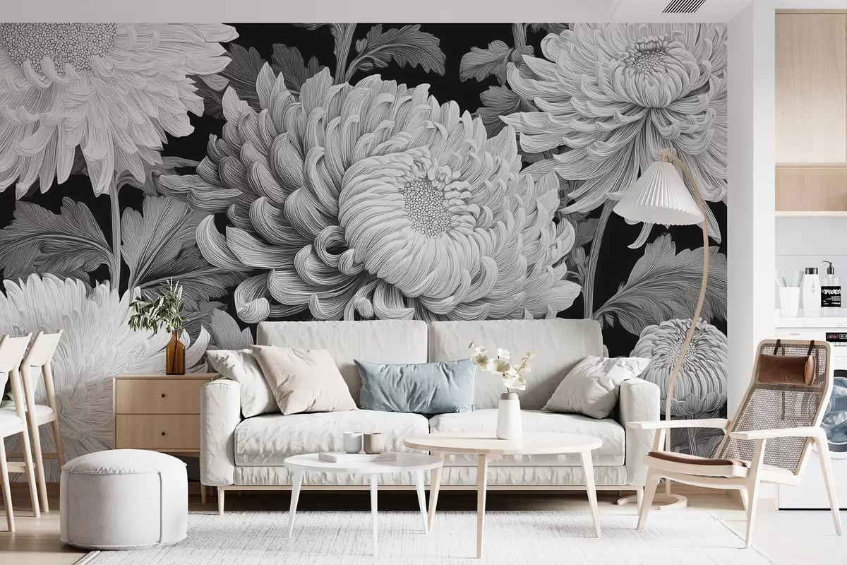 Papier peint Grandes orchidées noires et blanches avec feuilles w09125v1