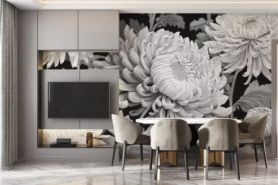 Papier peint Grandes orchidées noires et blanches avec feuilles w09125v1