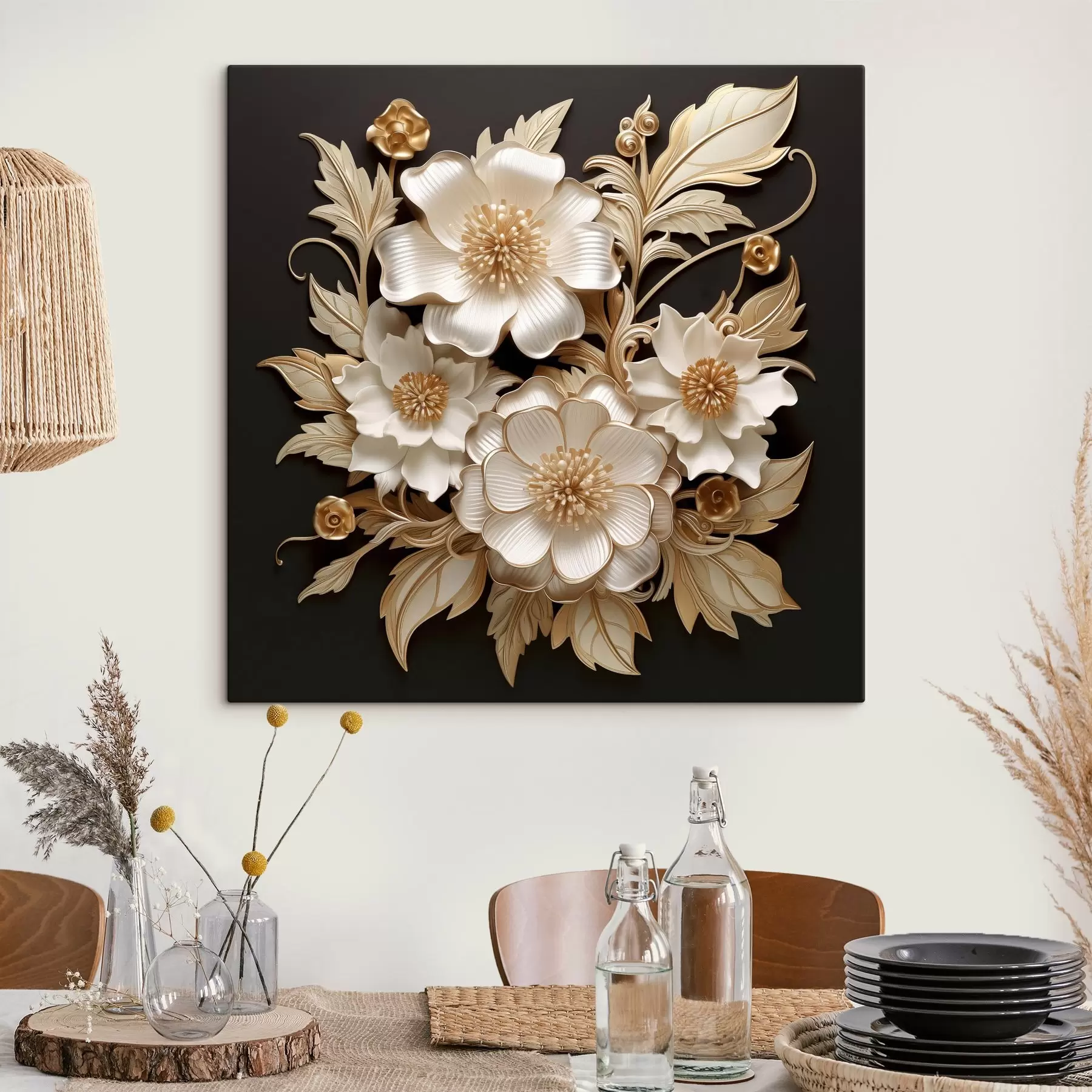 Tableau Fleurs blanches volumineuses sur fond noir s44340