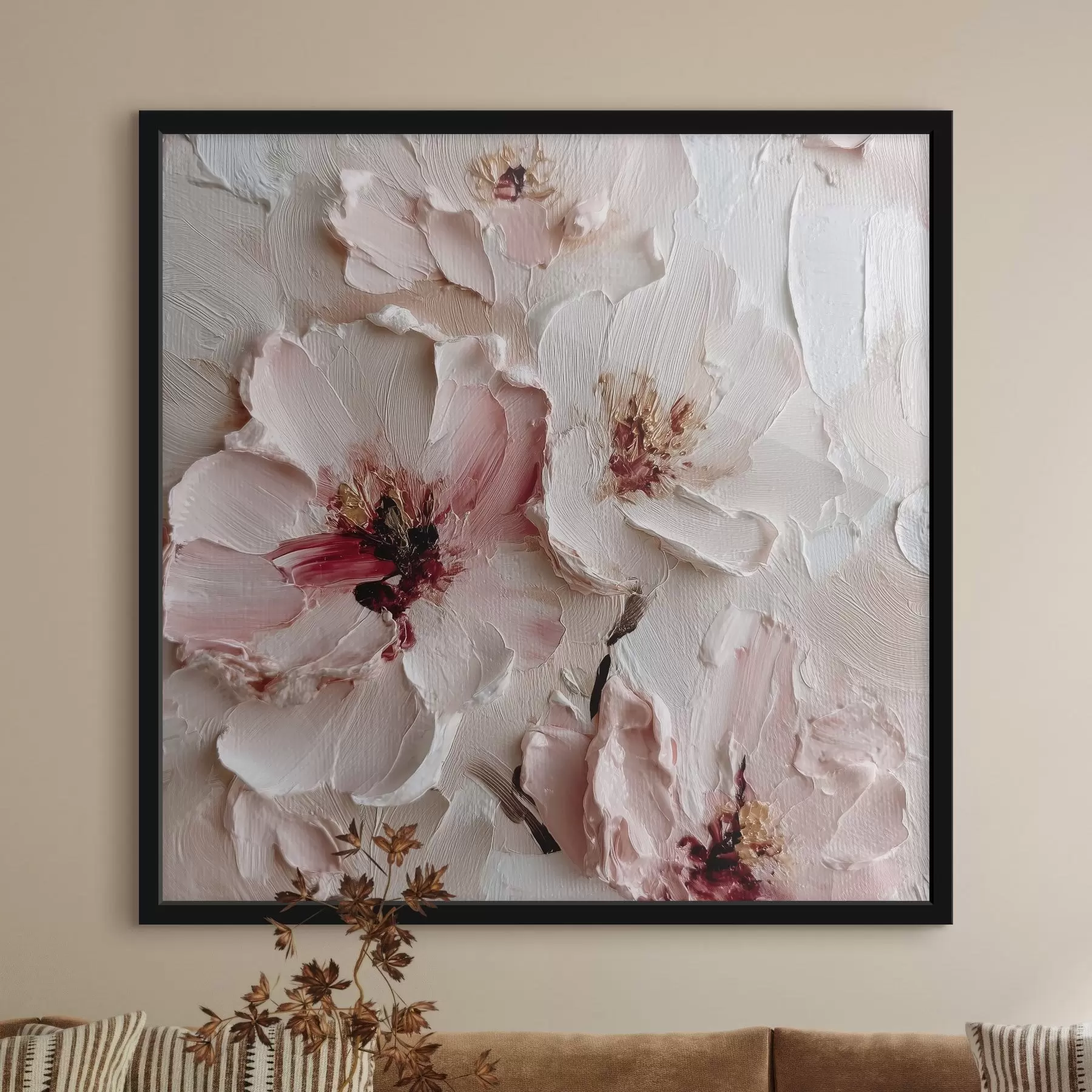 Papier peint Fleurs avec imitation de style impasto en traits roses et blancs f44333