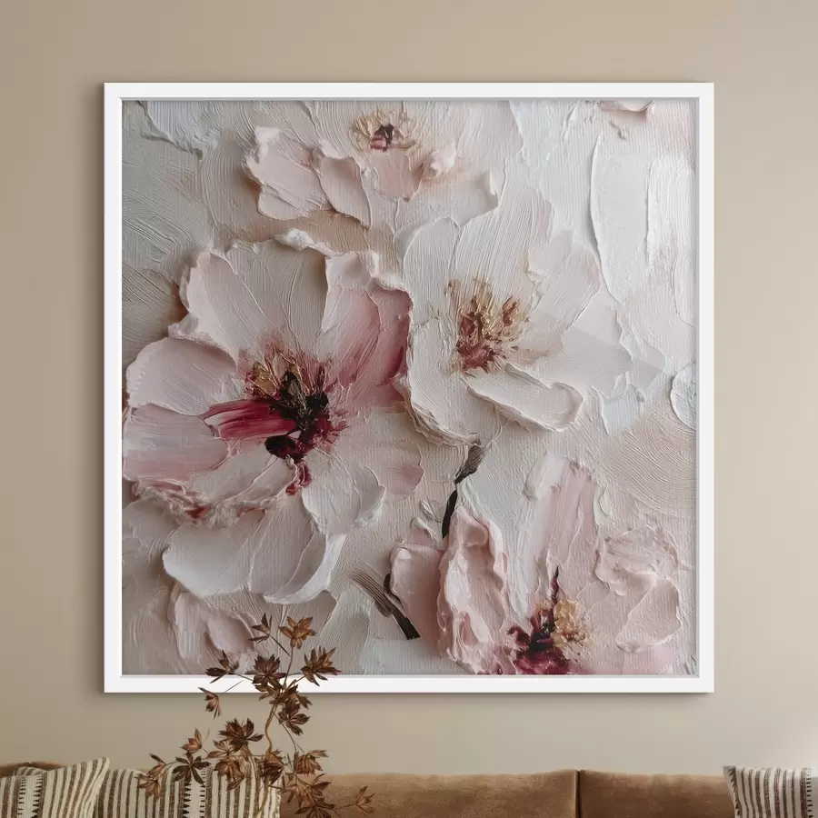 Papier peint Fleurs avec imitation de style impasto en traits roses et blancs f44333