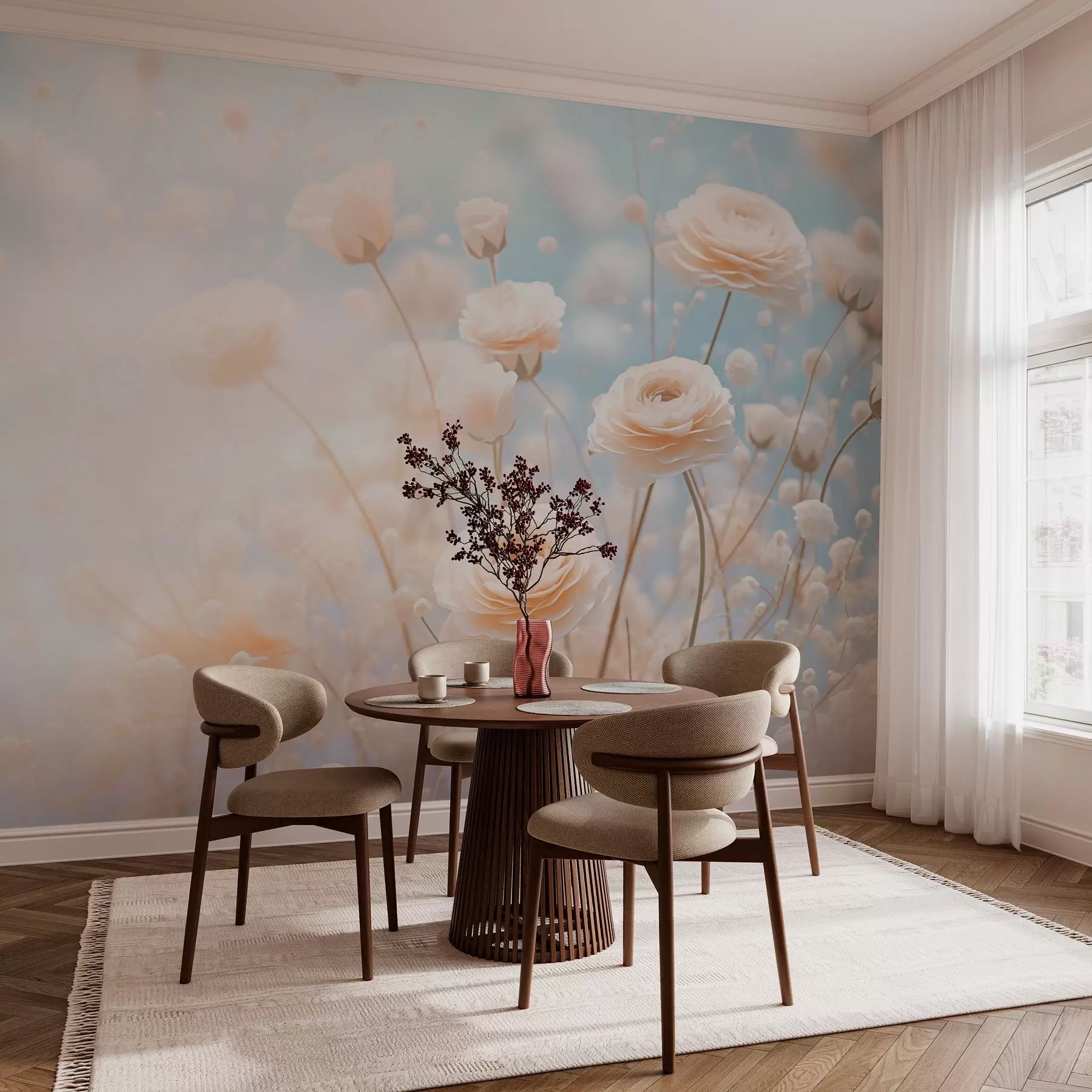Papier peint Roses crème délicates sur fond bleu clair w03997