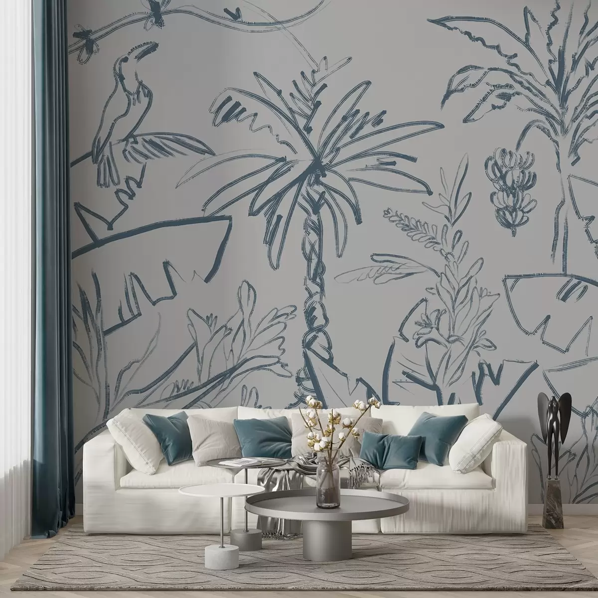 Papier peint Motif tropical en bleu, bananes, palmiers w04020v1