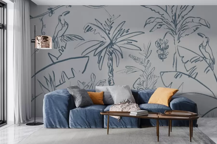 Papier peint Motif tropical en bleu, bananes, palmiers w04020v1