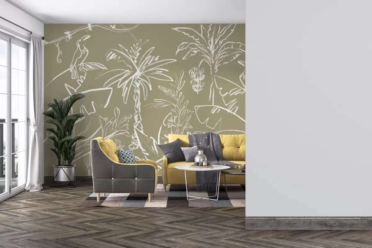 Papier peint Motif tropical sur fond brun olive, palmiers, bananes w04020v3