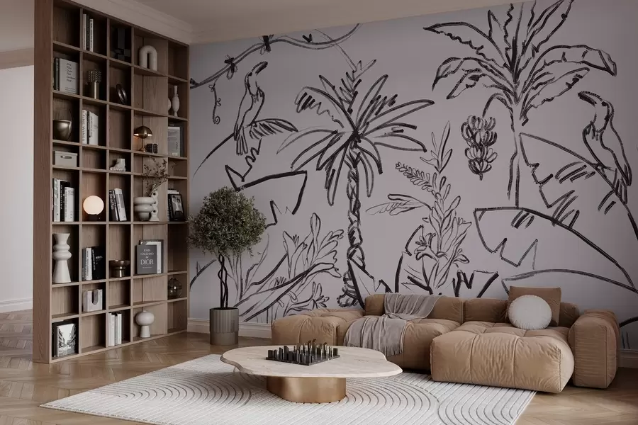 Papier peint Motif tropical en noir, palmiers, bananes, graphiques de contour w04020v7