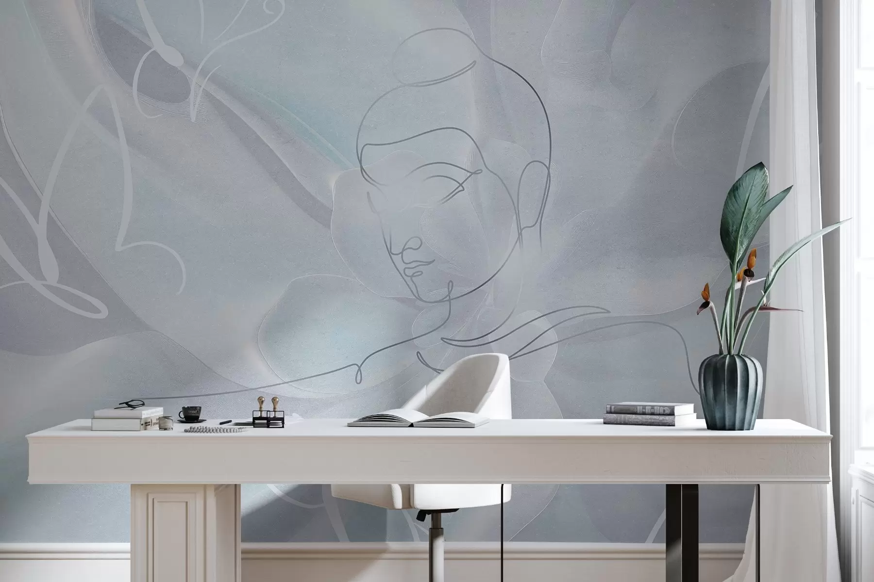 Papier peint Abstraction florale avec dessin au trait de Bouddha, couleurs bleues w04004v1