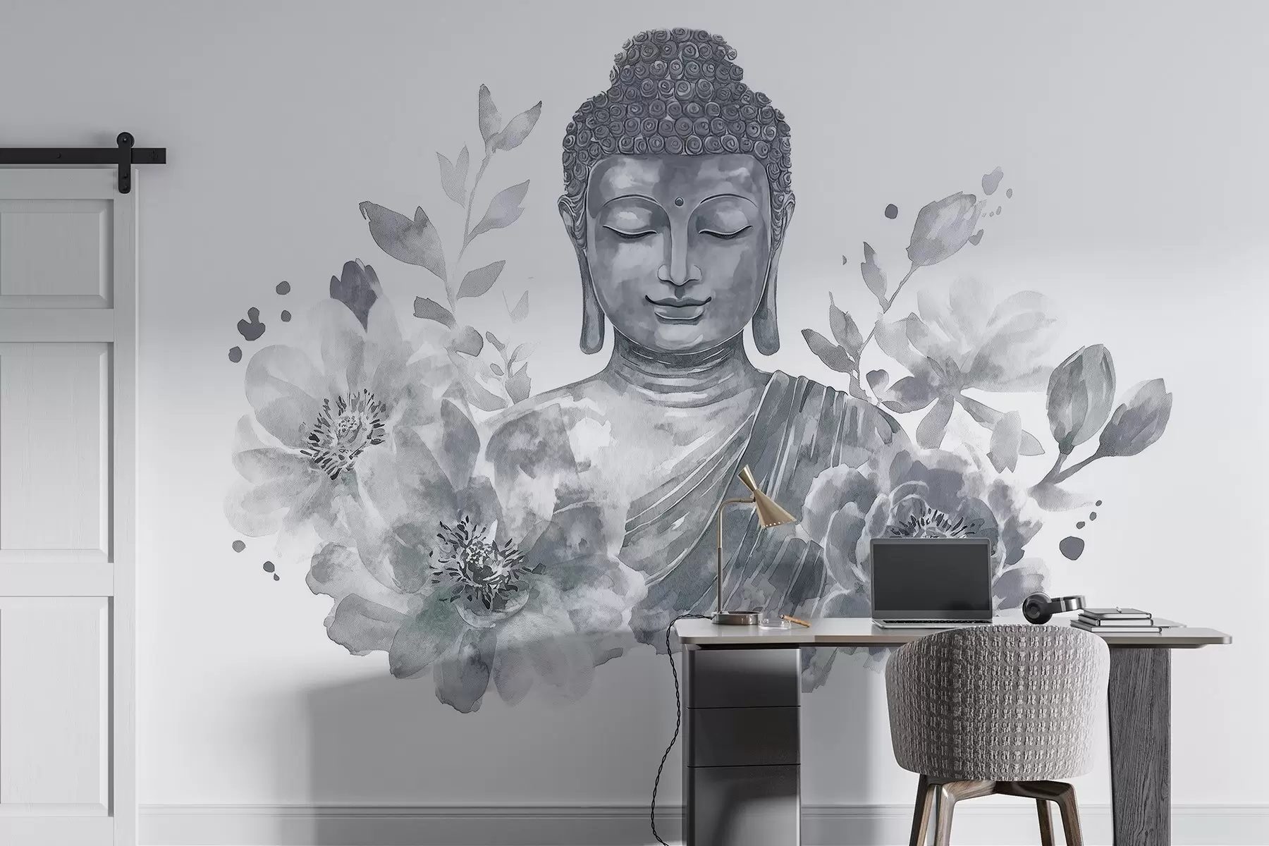 Papier peint Bouddha en aquarelle avec des fleurs, spirituel, palette de couleurs grises  w04005v1