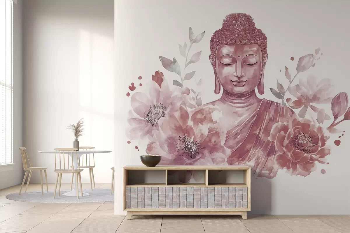 Papier peint Bouddha aquarelle avec fleurs, spirituel, palette de couleurs bordeaux  w04005v2