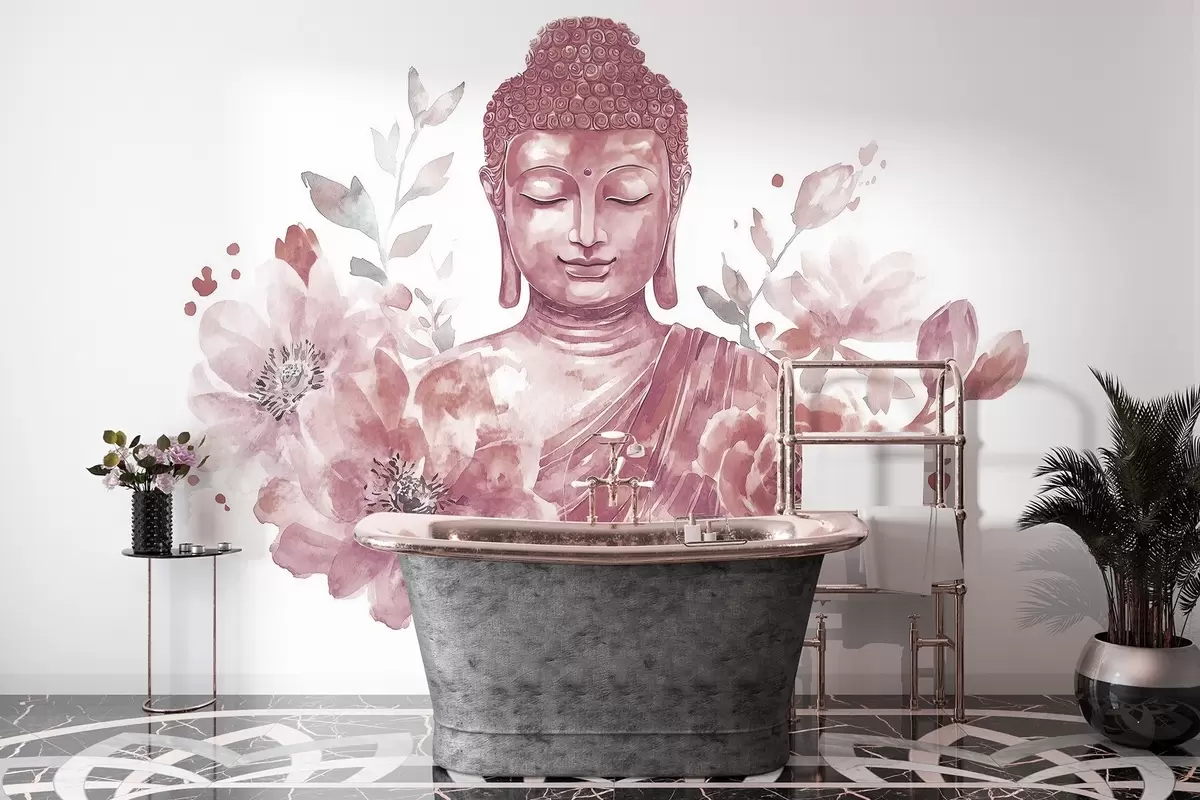 Papier peint Bouddha aquarelle avec fleurs, spirituel, palette de couleurs bordeaux  w04005v2