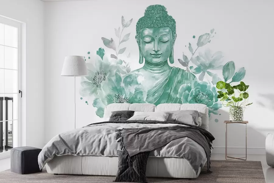 Papier peint Bouddha en aquarelle avec des fleurs, spirituel, palette de couleurs vertes  w04005v3 buy France - Uwalls.fr Papier peint Bouddha en aquarelle avec des fleurs, spirituel, palette de couleurs vertes  w04005v3
