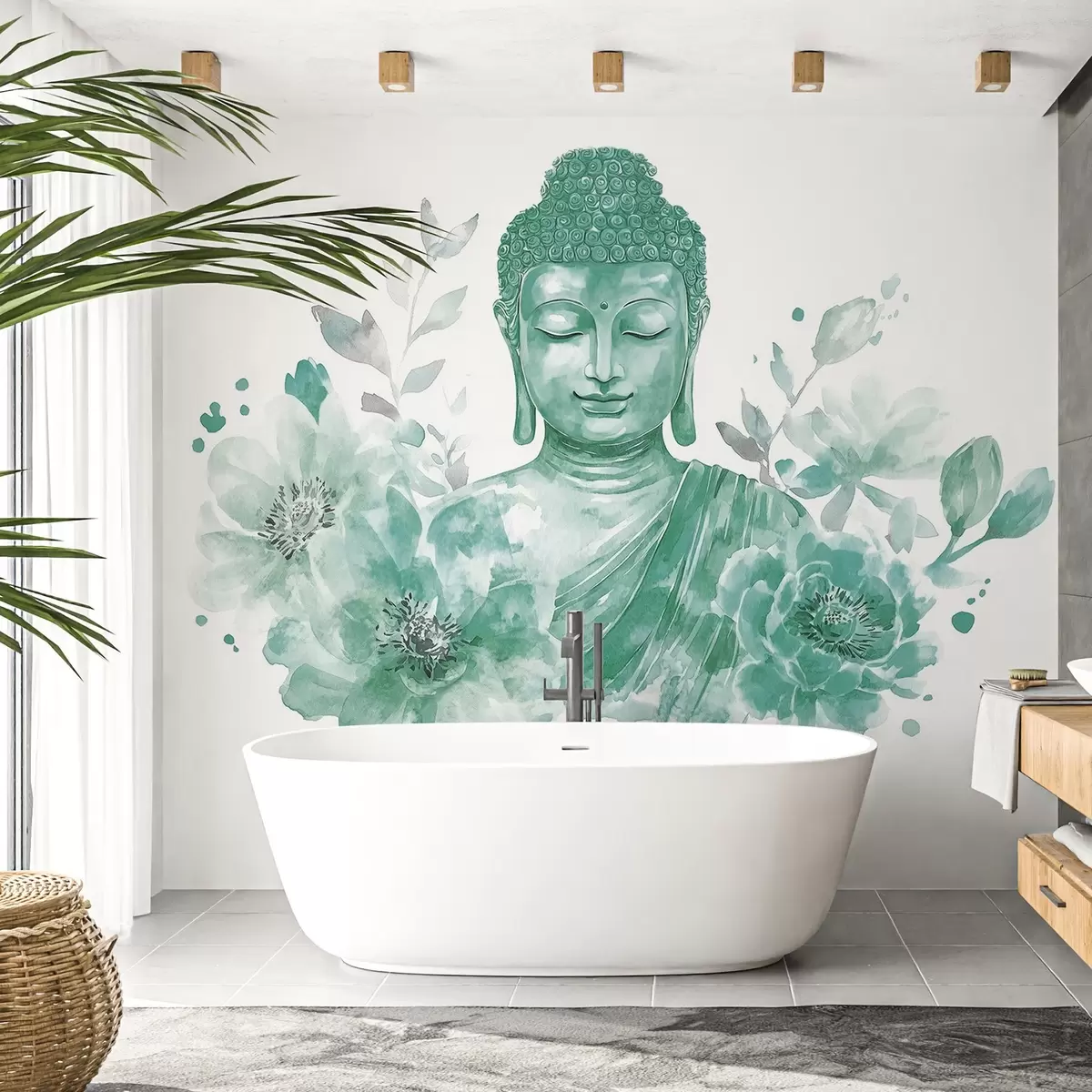 Papier peint Bouddha en aquarelle avec des fleurs, spirituel, palette de couleurs vertes  w04005v3
