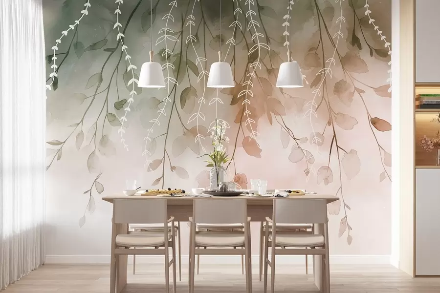 Papier peint Branches et feuilles en style aquarelle, couleurs naturelles d'automne w04007v1