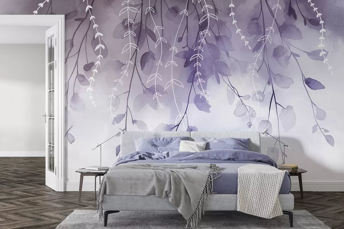 Papier peint Branches et feuilles en style aquarelle, couleurs violettes naturelles w04007v2